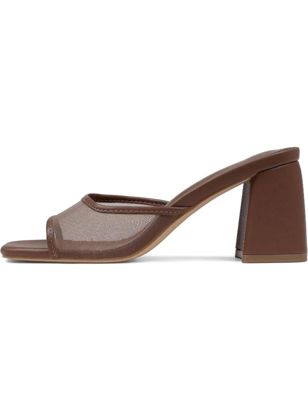 Women's Brown Mesh Summer Square Open Toe Mules Chunky Stylish Heeled Sandals